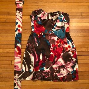 Strapless print mini dress with ruffles!